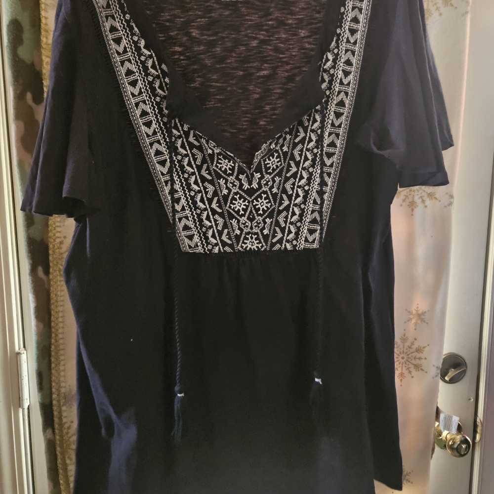 Lane Bryant Navy Top with White Embroidered V-Neck